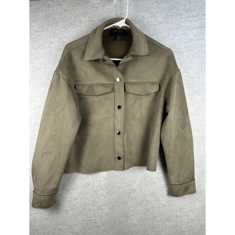Women’s Faux Suede Crop Jacket Shacket Snap Up Western Size XS Dark Beige